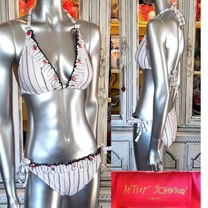 $SOLD$ Vintage Betsey Johnson Bikini White Black Pink Rosette Ruffle Swimsuit ML